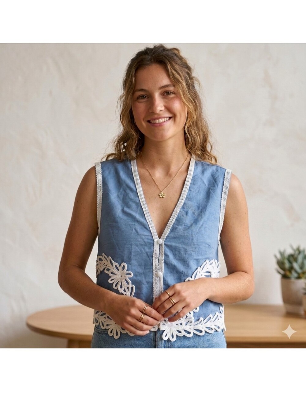 Tapework Lace Buttoned Sleeveless White/Blue Top S